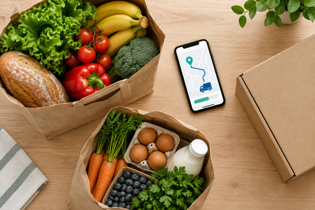 символічне зображення доставки продуктів: пакети, смартфон та коробка без логотипів