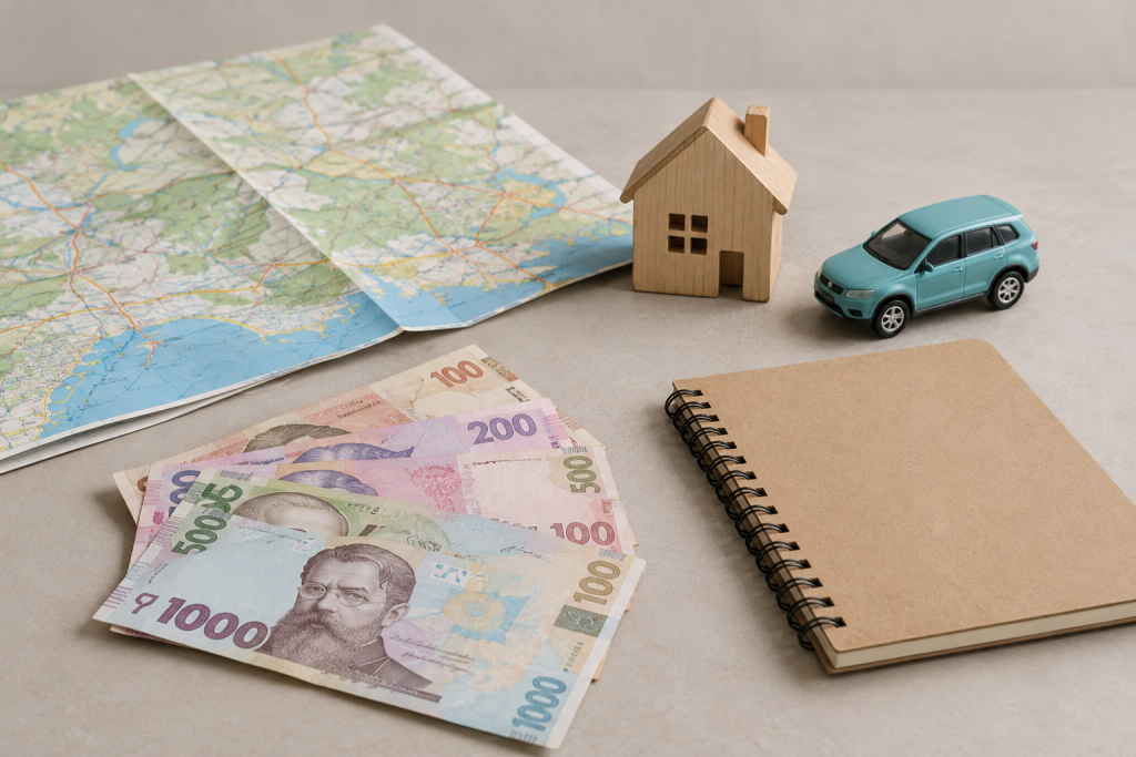Туристичні предмети на столі: карта, модель будинку, іграшковий автомобіль і гривні