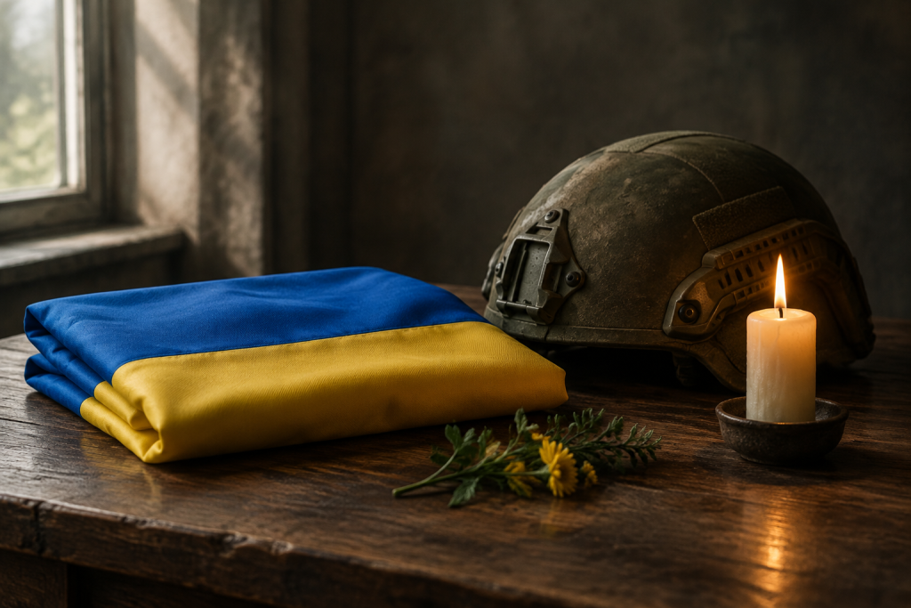 Складач Державного Прапора, шолом і свічка на дерев'яному столі
