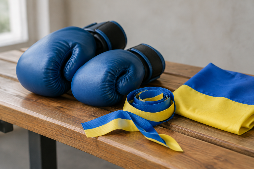 Парні боксерські рукавички на лаві поруч зі стрічкою та складеним українським прапором