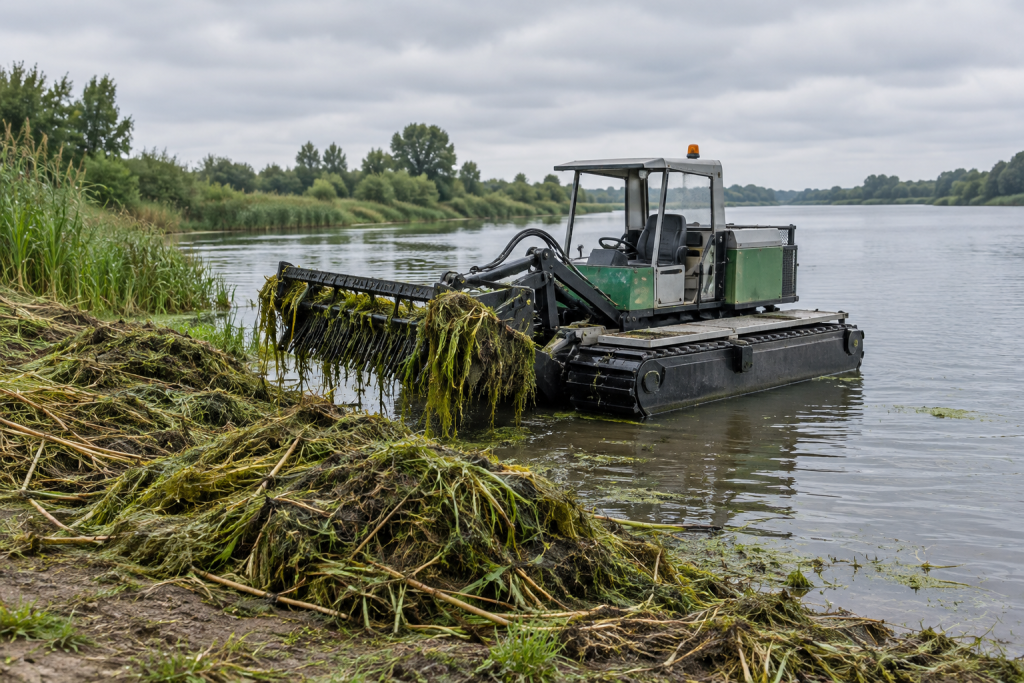 машина-амфібія на березі річки, зрізані водяні рослини на купі