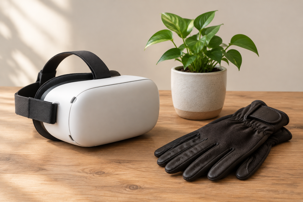 символічна сцена з VR‑шоломом, горщиком з рослиною та рукавицями для верхової їзди
