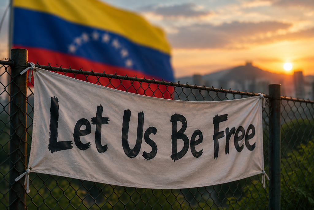 Символічне гасло «Let Us Be Free» на тлі кольорів прапора Венесуели