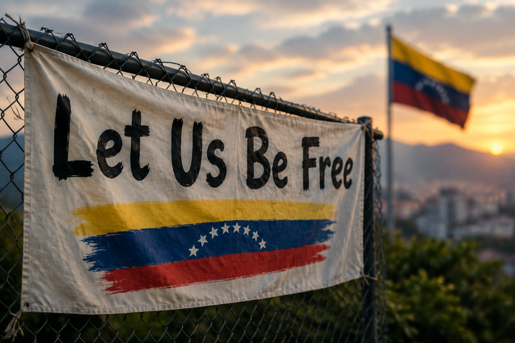 Символічне гасло «Let Us Be Free» на тлі кольорів прапора Венесуели