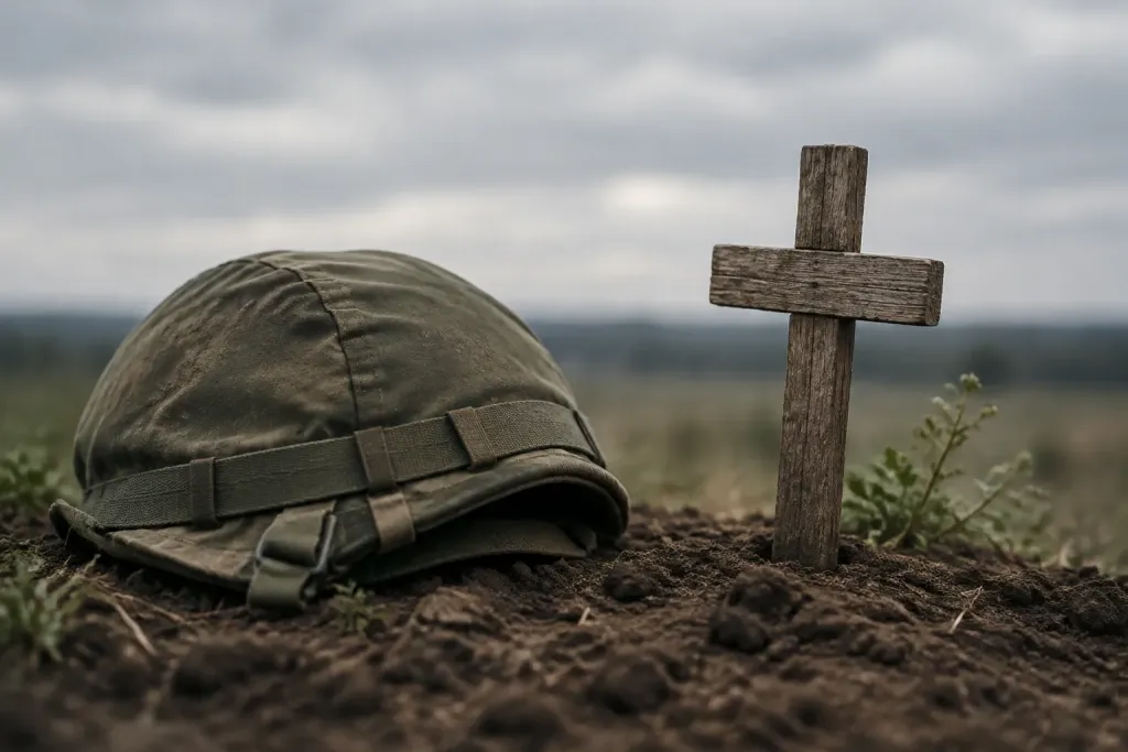 складений військовий шолом на ґрунті поруч із невеликим дерев'яним хрестом
