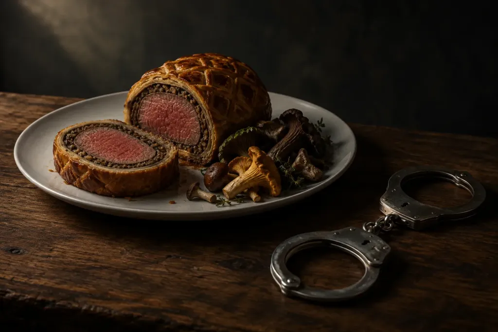 символічна натюрмортна сцена: порізаний beef Wellington, дикі гриби поруч і наручники на дерев'яному столі