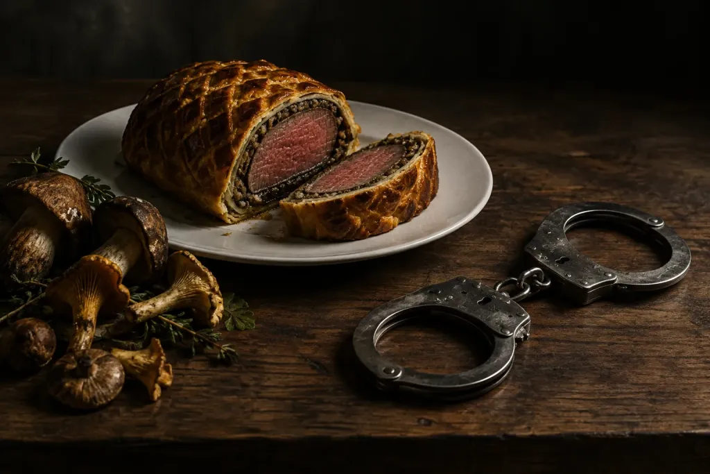 символічна натюрмортна сцена: порізаний beef Wellington, дикі гриби поруч і наручники на дерев'яному столі