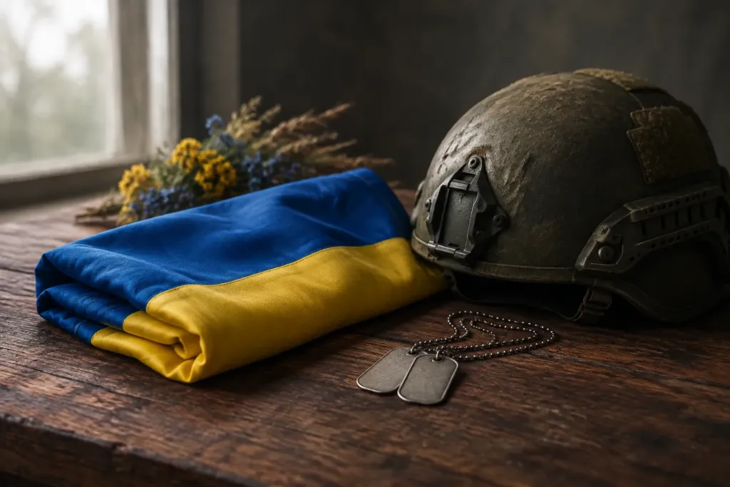 згорнутий український прапор поруч із військовим шоломом та жетонами на дерев'яному столі, м'яке світло