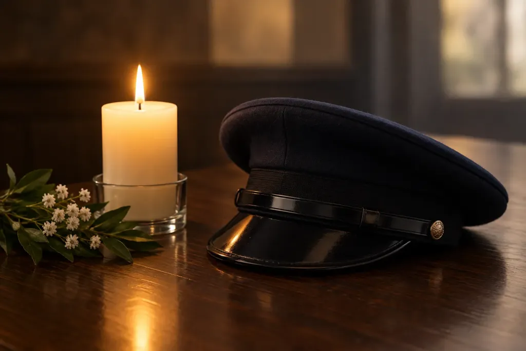 Запалена свічка поруч зі складеним поліцейським кашкетом на темному дерев'яному столі, тепле світло, без облич і тексту