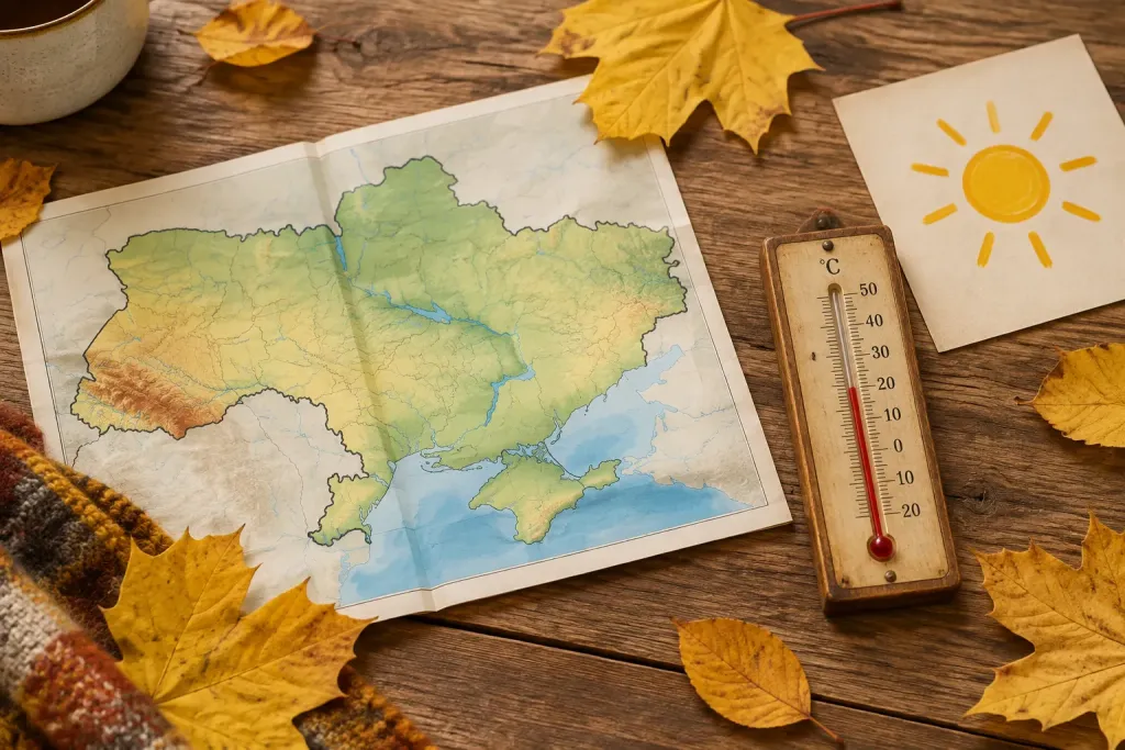 символічна осіння сцена з картою України, термометром і жовтим листям