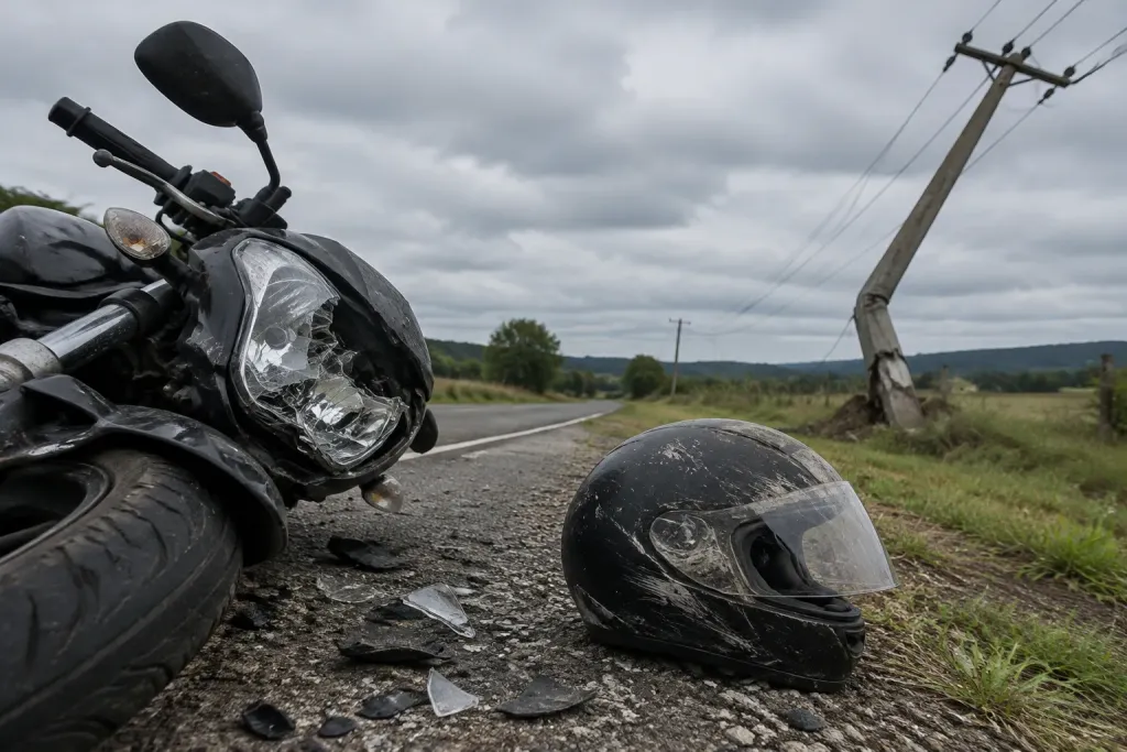 символічна сцена: пошкоджений мотоциклетний шолом, зламане освітлення й нахилена електроопора на узбіччі