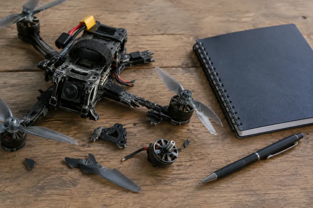крупний план обломків FPV‑дрона, поліцейський блокнот і ручка на деревʼяному столі, мʼяке світло, без людей