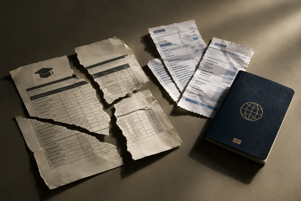 Порвані студентські документи, банківські квитанції та паспорт на нейтральному тлі