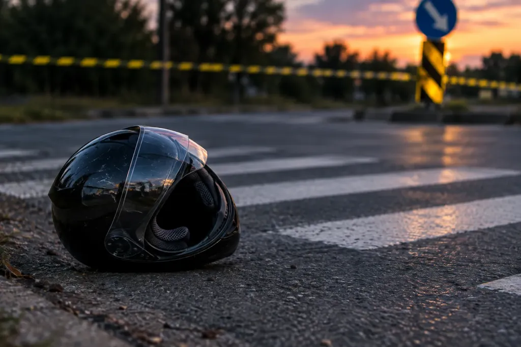 шолом на тротуарі біля пішохідного переходу ввечері, поліційна стрічка на фоні, без людей