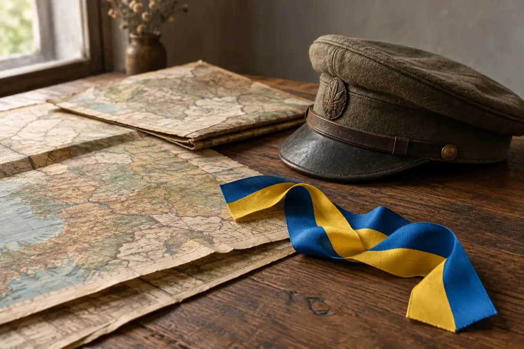 символічна композиція з мап, синьо‑жовтої стрічки й військової кашкета
