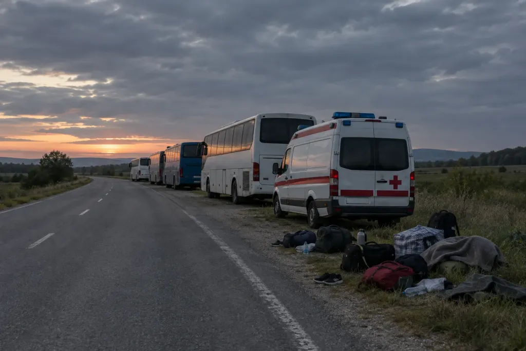 Порожня сільська дорога увечері з припаркованими автобусами та швидкою, речі на узбіччі