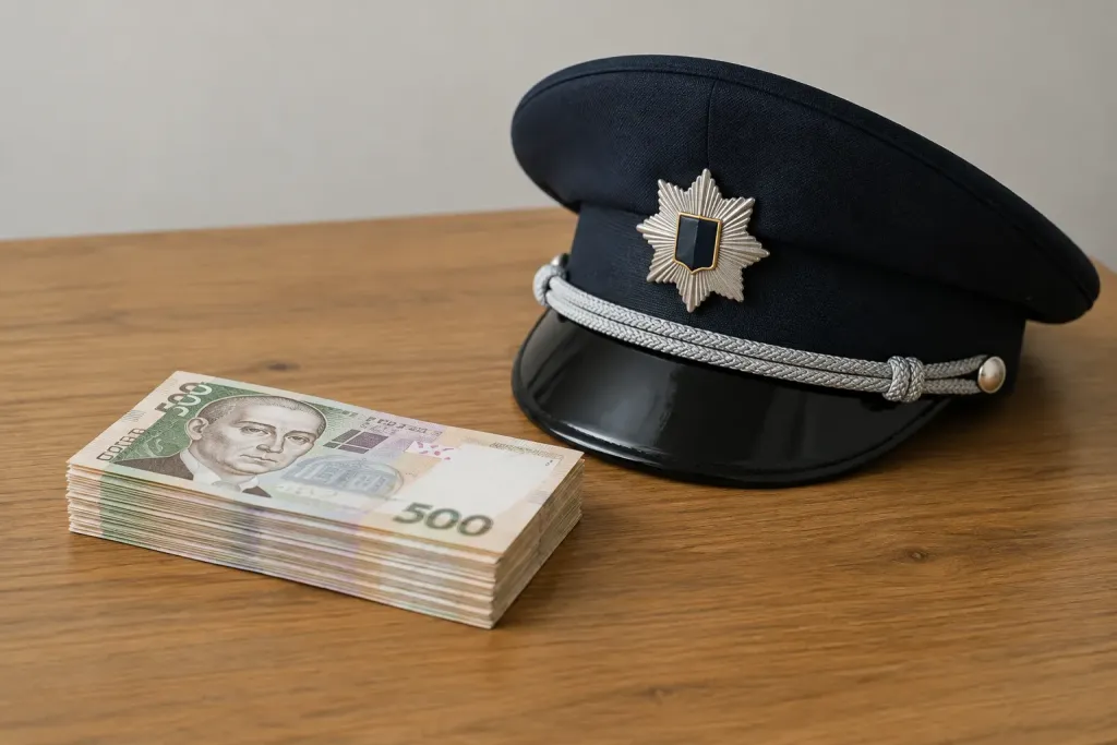 стилізована сцена з купюрами та кашкетом поліції на столі