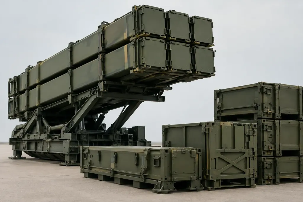 символічний кадр з каністрами ракет Patriot та логістичними ящиками без людей