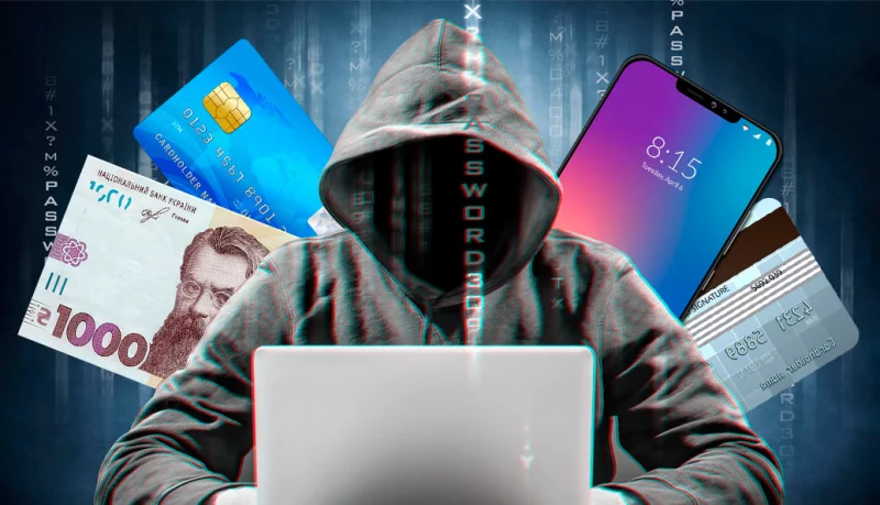 символічна сцена зі смартфоном, банківською карткою та іконками криптовалюти на деревʼяному столі